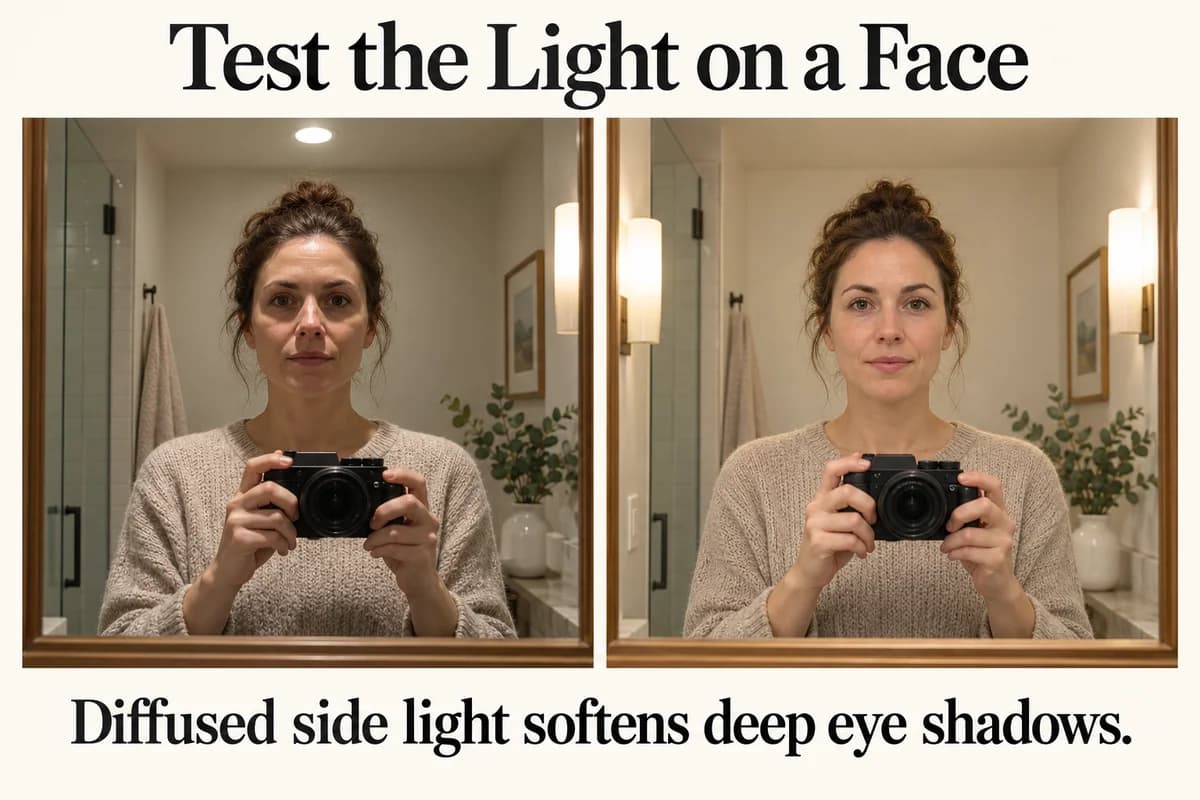 The same face under overhead-only light and diffused side light shows why a face-lighting trial matters before setting sconce height.