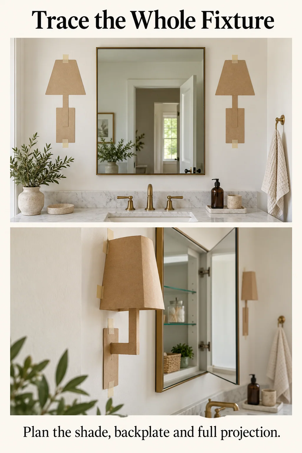 Full-size paper sconce shapes include the shade and backplate, while a side-view cardboard mockup reveals projection beside an open mirror door.
