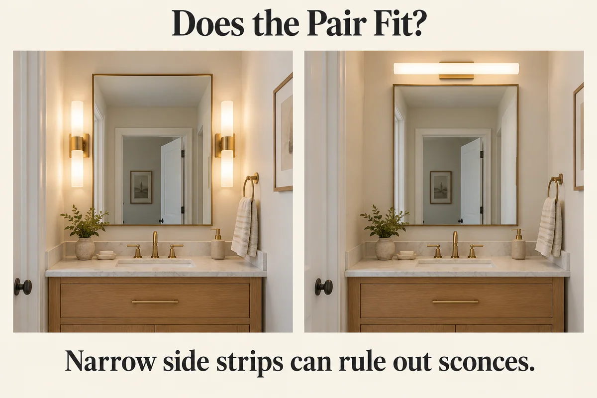 A narrow vanity compares crowded side sconces with a light above the same mirror, preserving mirror width while freeing the side strips.