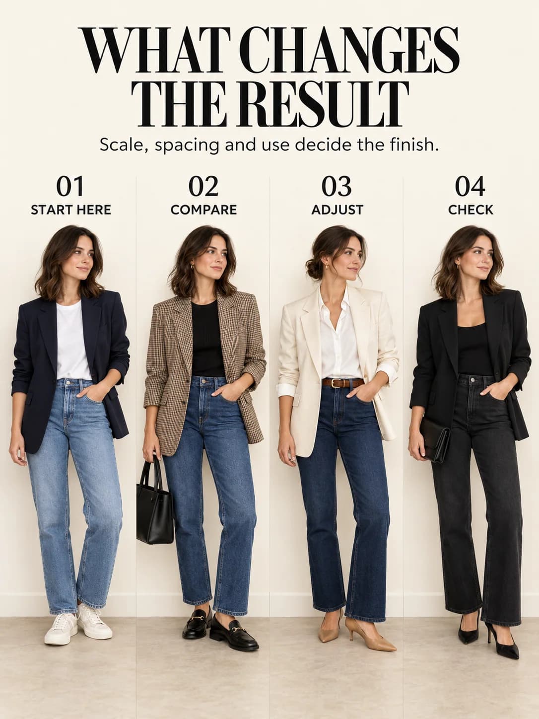 Educational guide for blazer and jeans outfits women: Scale, spacing and use decide the finish.