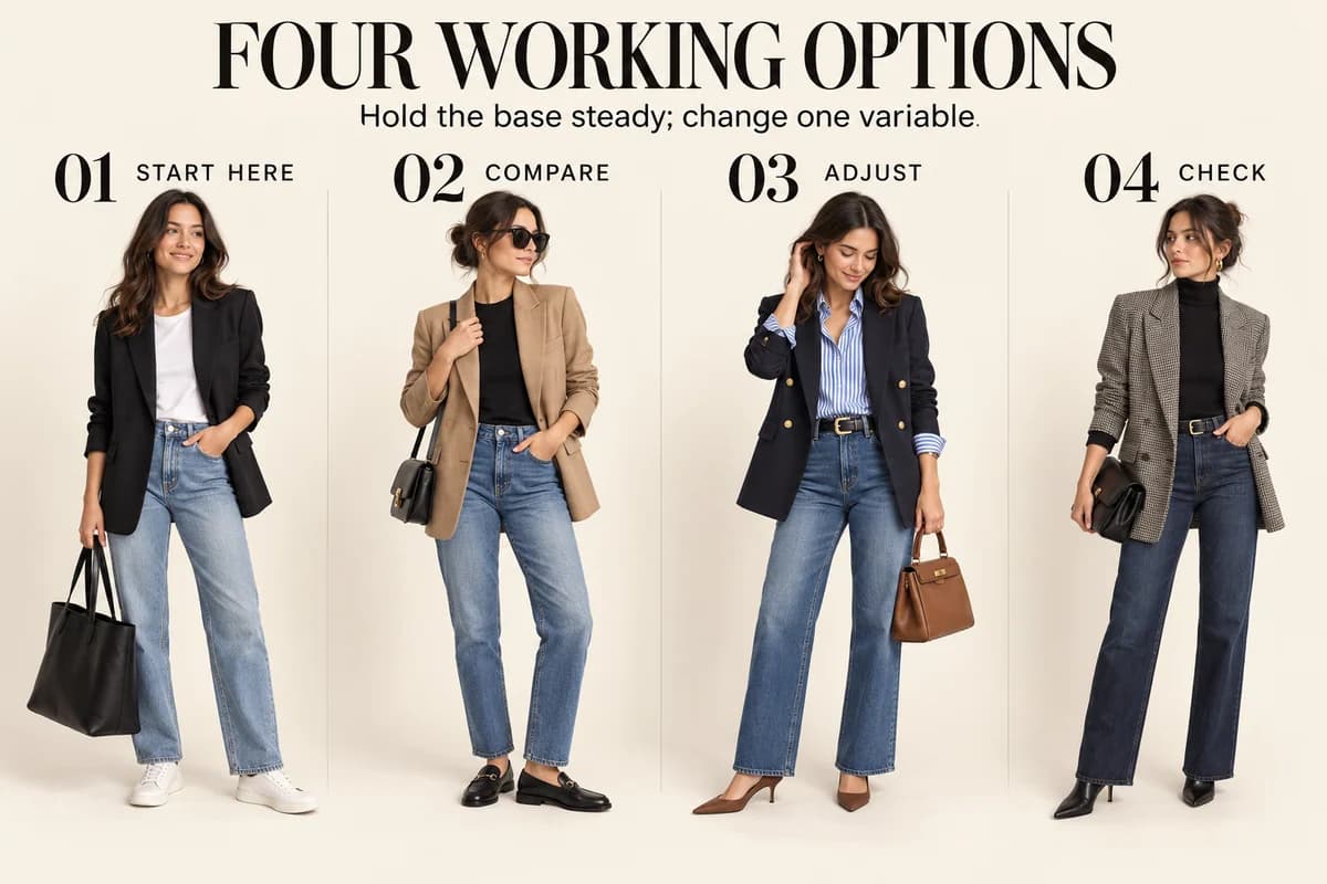 Educational guide for blazer and jeans outfits women: Hold the base steady; change one variable.