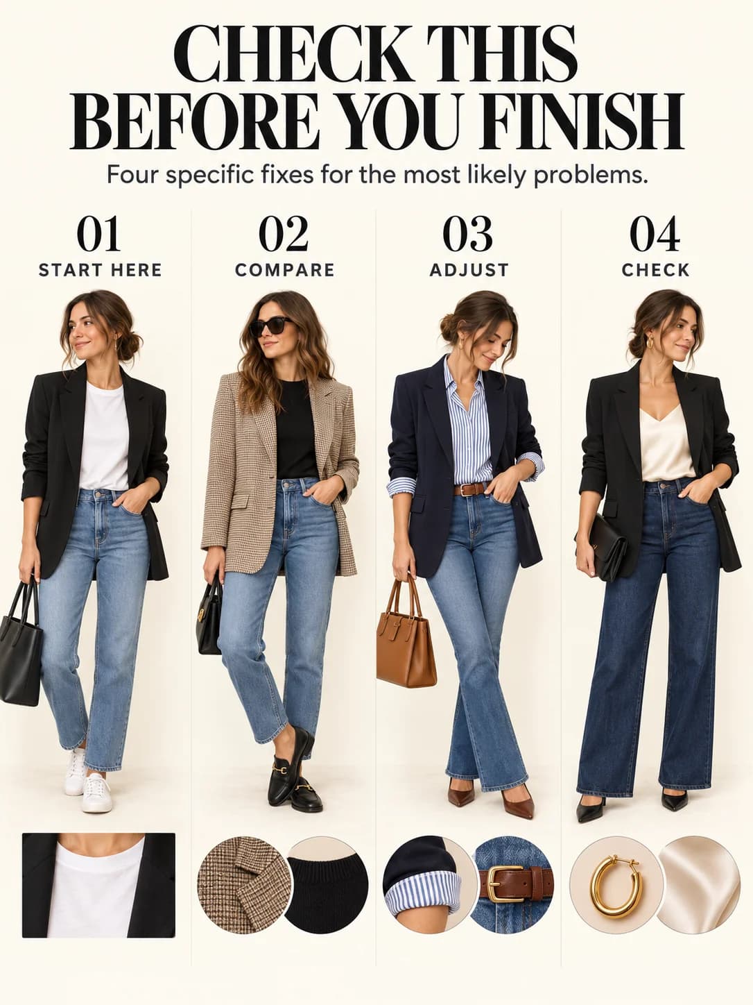 Educational guide for blazer and jeans outfits women: Four specific fixes for the most likely problems.