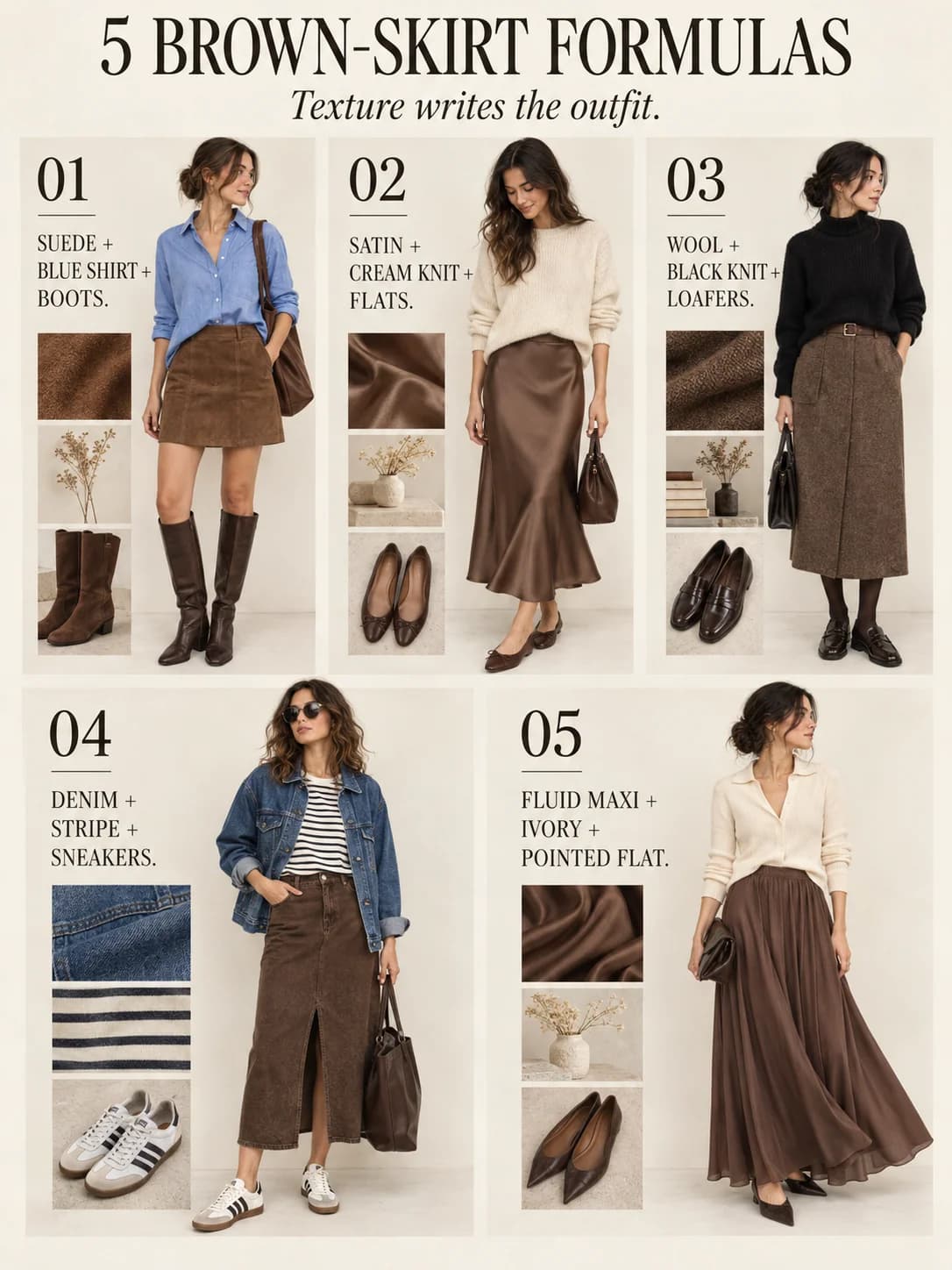 5 BROWN-SKIRT FORMULAS guide for brown skirt outfits