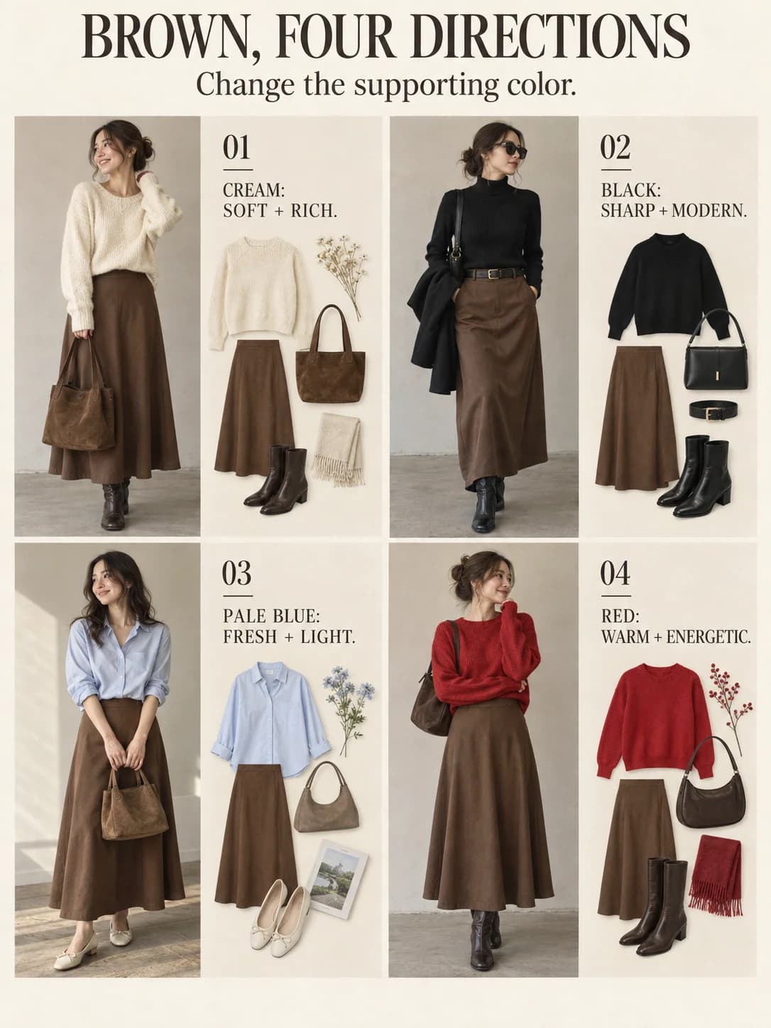 BROWN, FOUR DIRECTIONS guide for brown skirt outfits