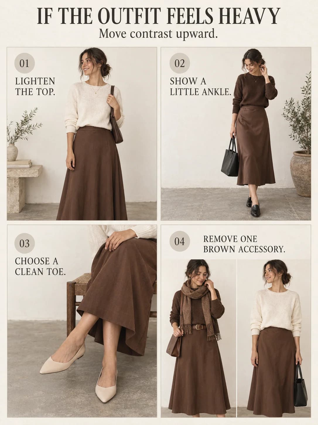 IF THE OUTFIT FEELS HEAVY guide for brown skirt outfits