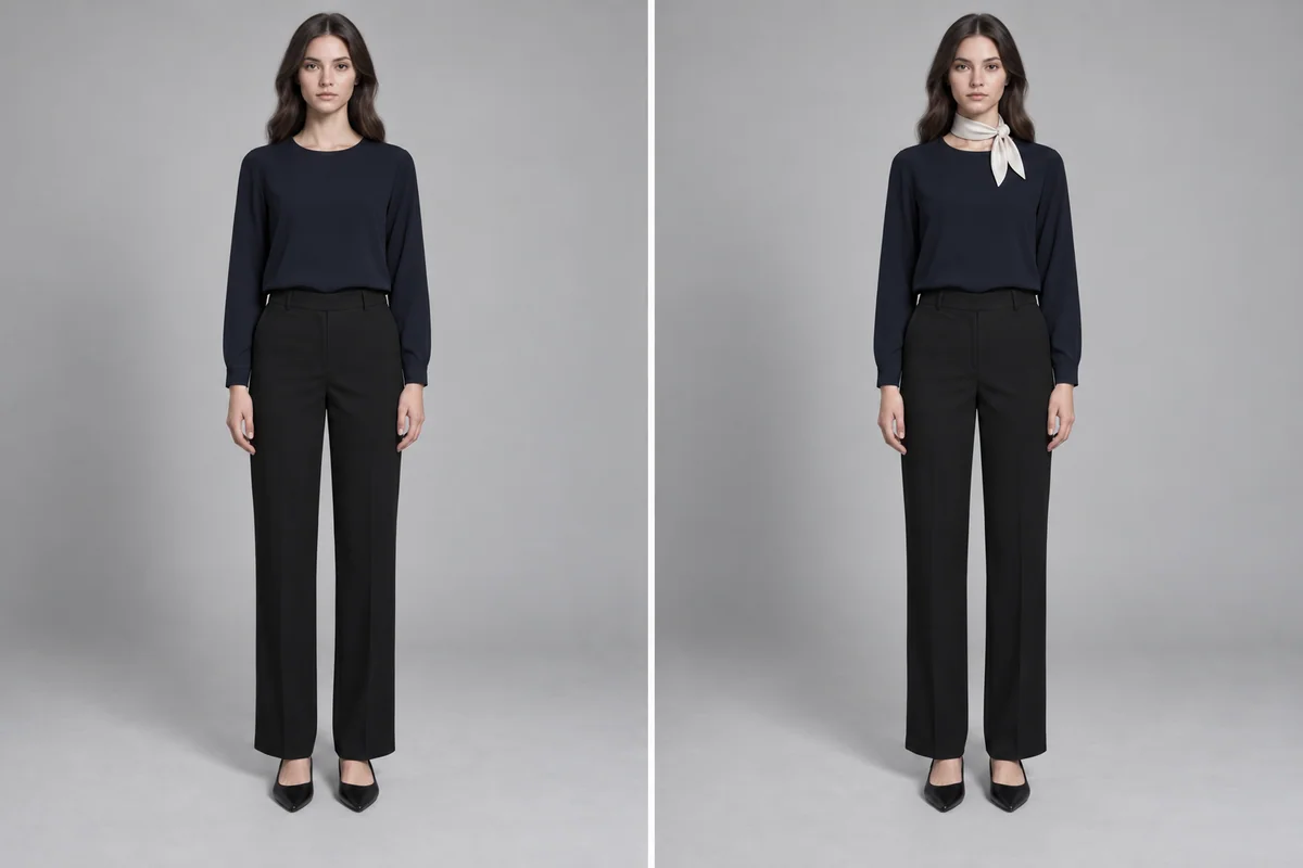 An unchanged navy blouse, black trousers and black flats, shown without an accessory and with a small ivory scarf.