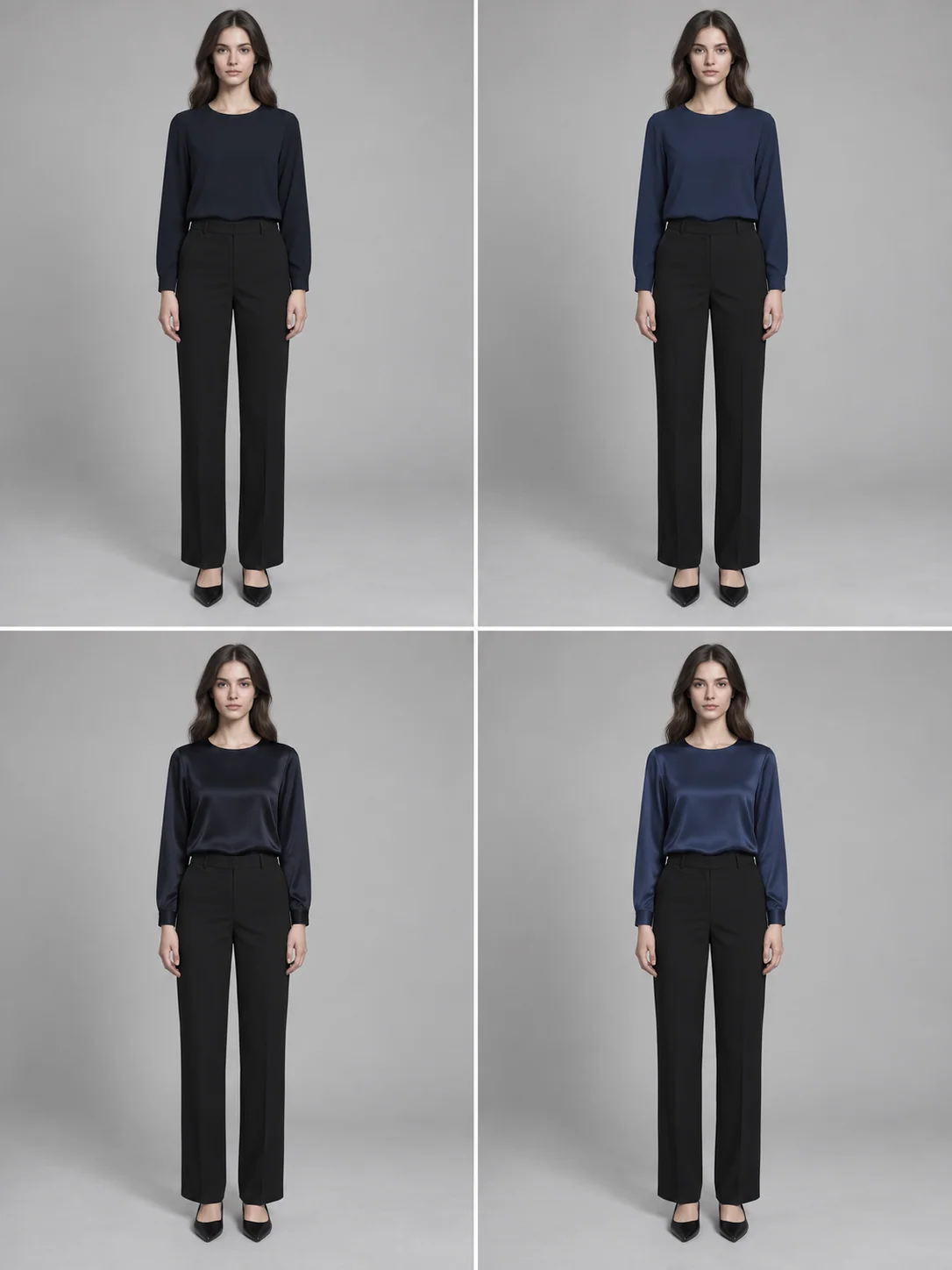 A four-view comparison of near-black and bluer navy tops, each in matte and softly reflective finishes, with the same matte black trousers.