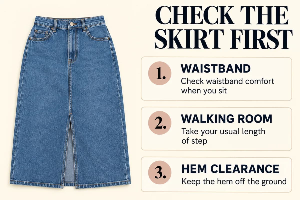 A garment-only denim skirt checklist identifies waistband comfort when seated, room for a normal step and hem clearance before choosing the rest of the outfit.