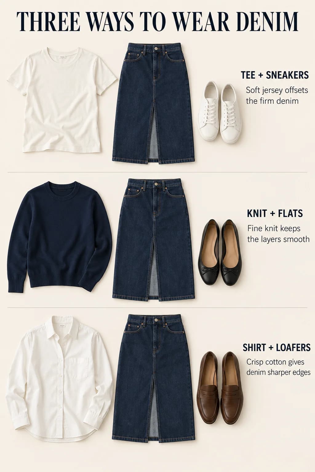 Three outfits keep an indigo denim midi fixed while soft tee and sneakers, fine knit and flats, and crisp shirt and loafers change the texture.