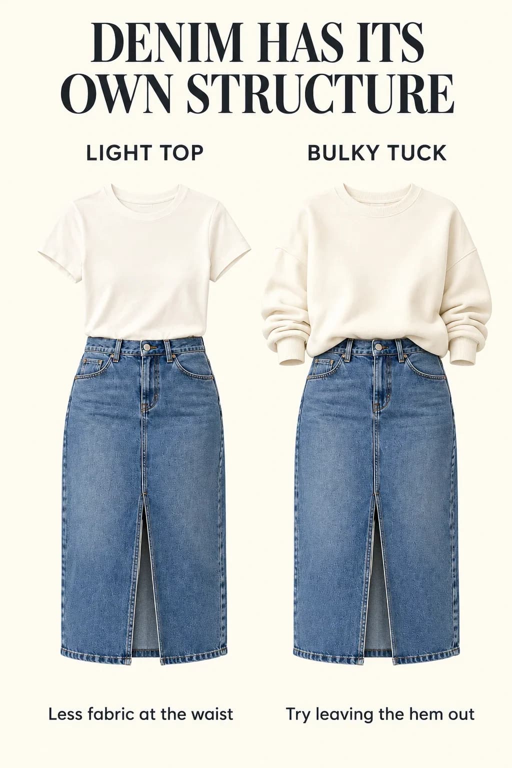 A light tee and a bulky tuck compared at the same denim skirt waistband.