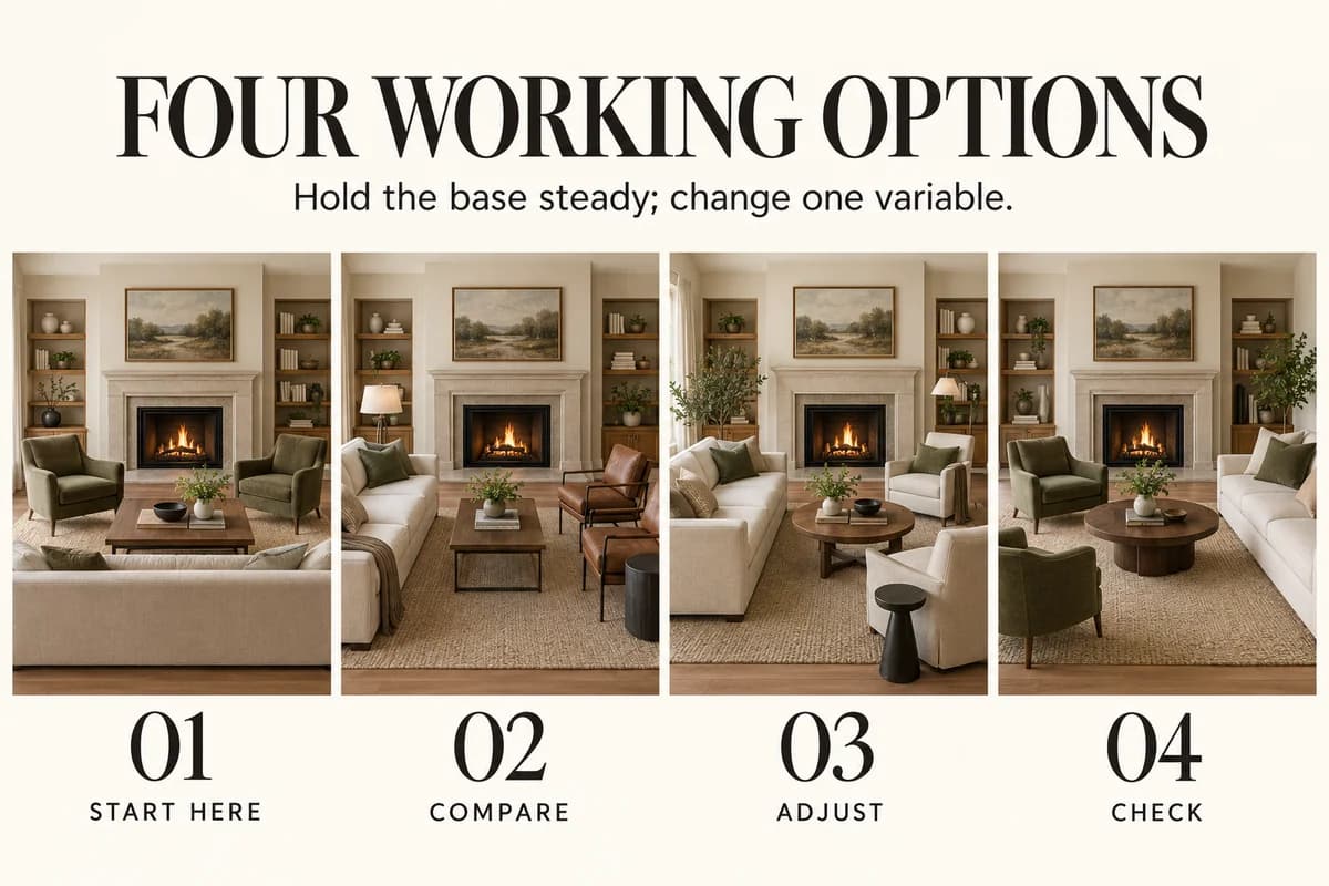 Educational guide for how to arrange furniture around a fireplace: Hold the base steady; change one variable.