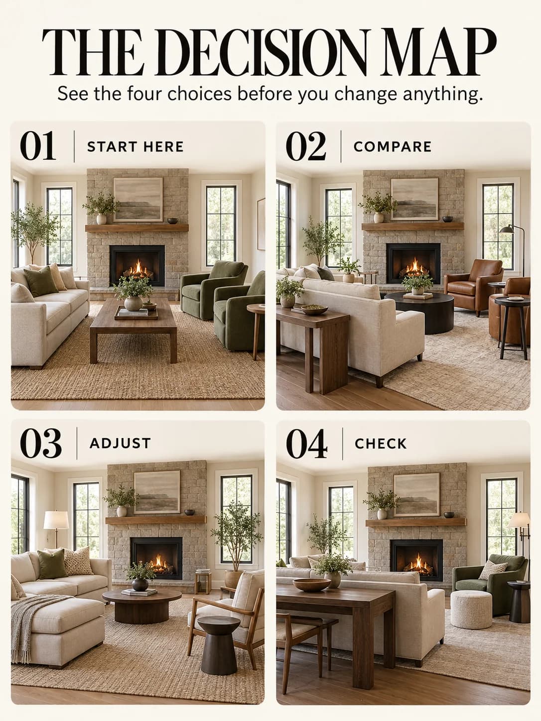 Educational guide for how to arrange furniture around a fireplace: See the four choices before you change anything.