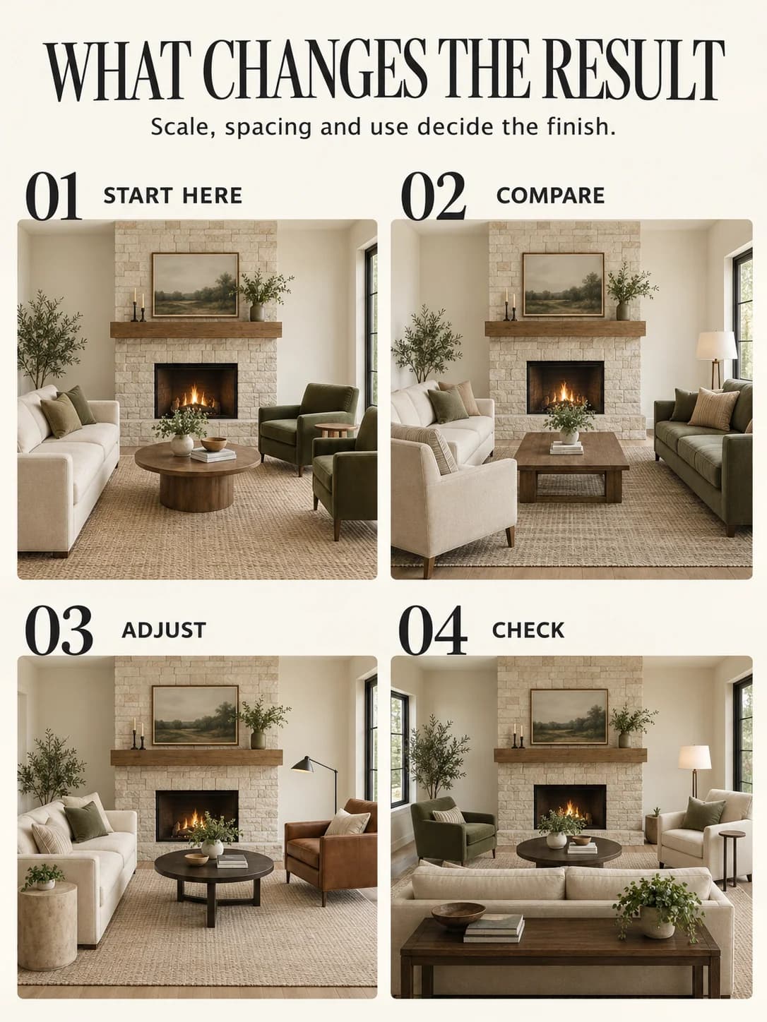 Educational guide for how to arrange furniture around a fireplace: Scale, spacing and use decide the finish.
