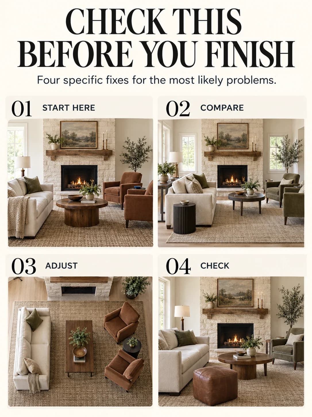 Educational guide for how to arrange furniture around a fireplace: Four specific fixes for the most likely problems.