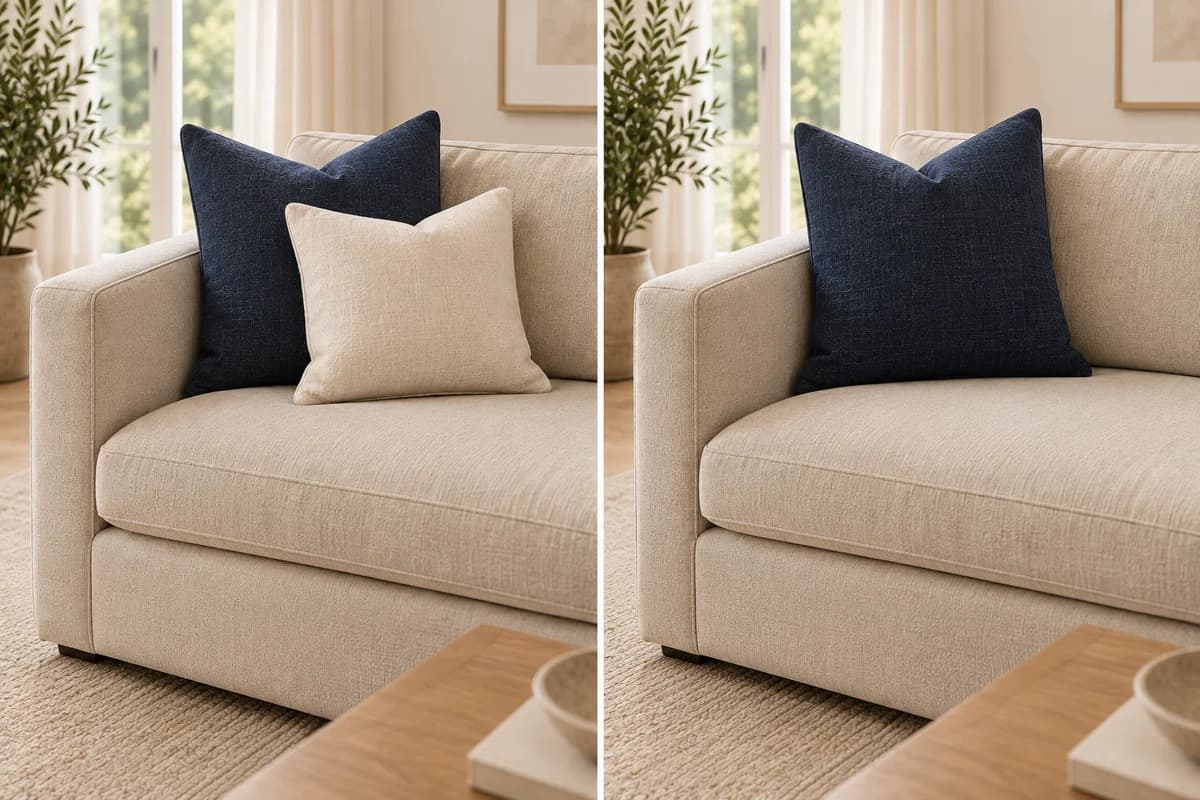 Identical sofa corner with two layered pillows, then one, revealing the seating depth.