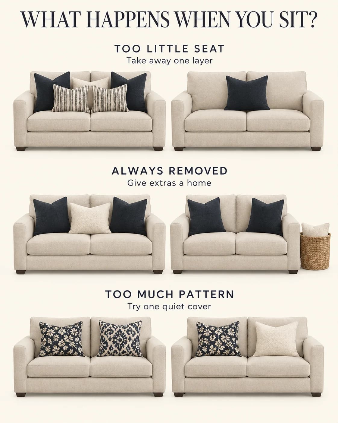 Three pillow checks focus on seat depth, repeated removal and competing prints.