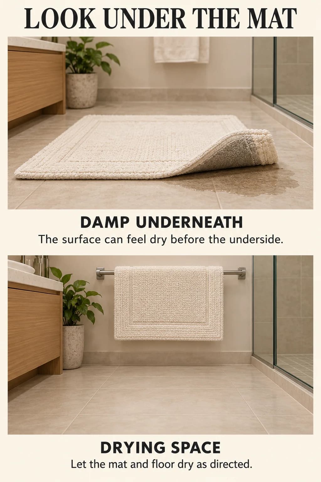 A lifted bath-mat corner reveals dampness beneath; the mat spread for drying shows why both mat and floor need attention.
