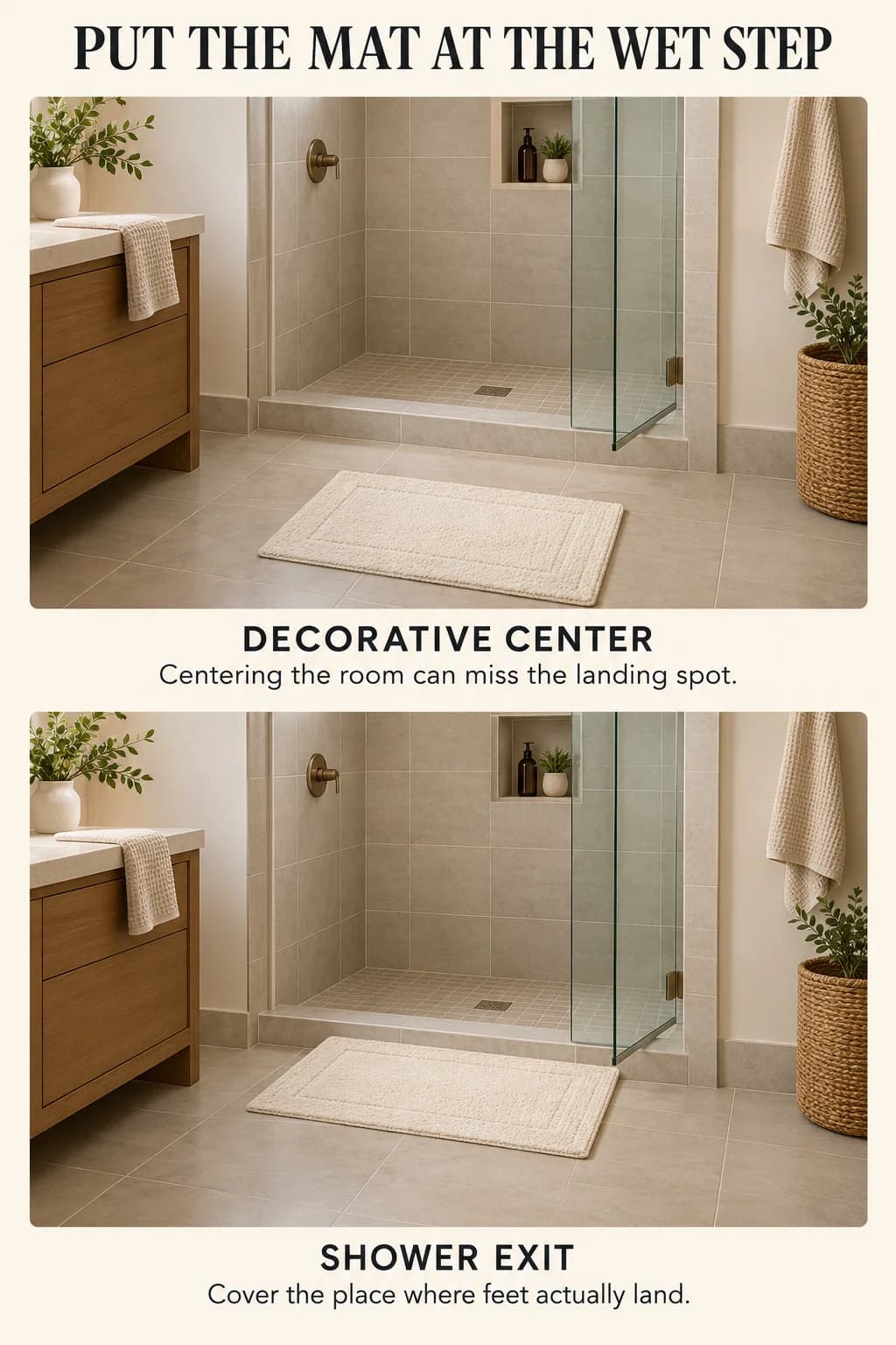 An identical bath mat centered away from the shower and moved to the exit shows why placement follows the step-out area.
