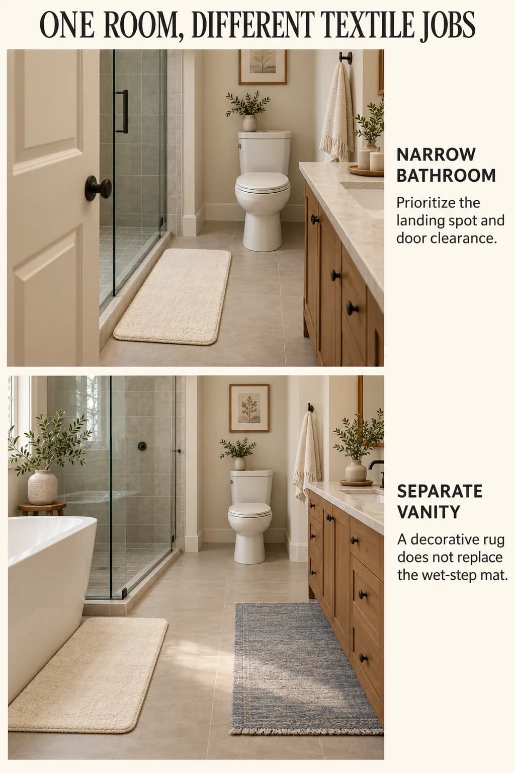 A narrow bath uses one accurately placed mat; a larger bath separates the absorbent landing area from optional vanity decoration.