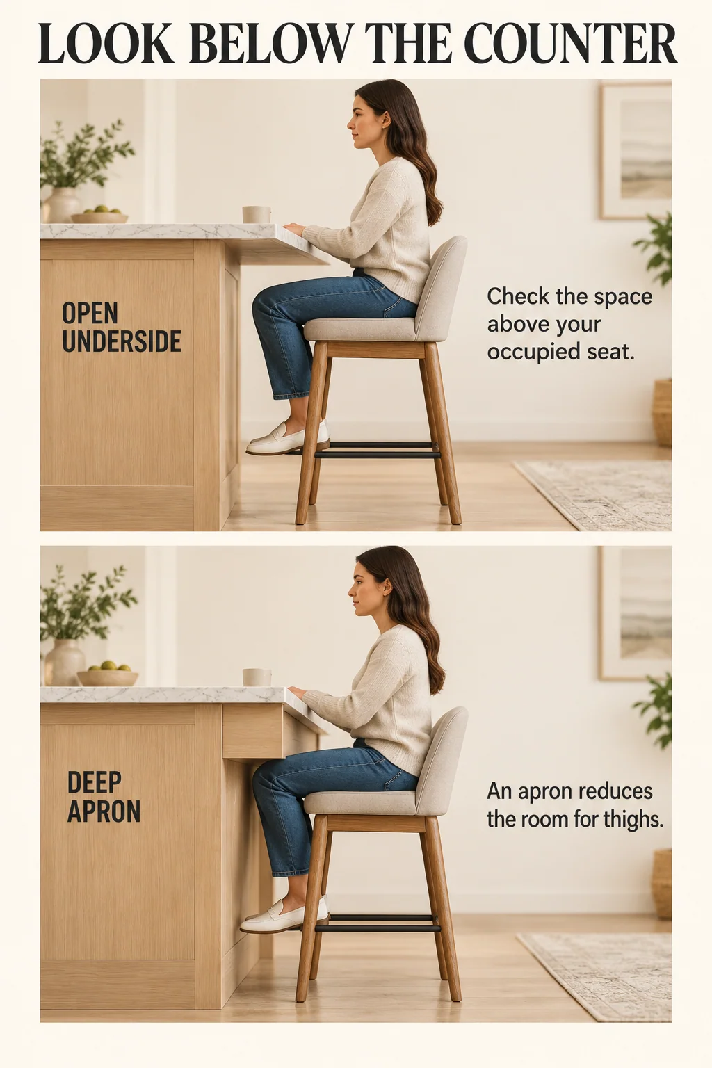A side-view comparison shows the same stool and sitter beneath an open counter and a deep apron that crowds the thighs.