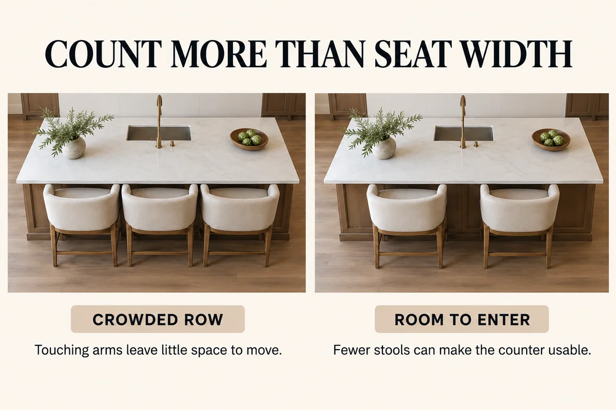 Three wide armed stools crowd the same island that comfortably accommodates two with visible gaps and end space.