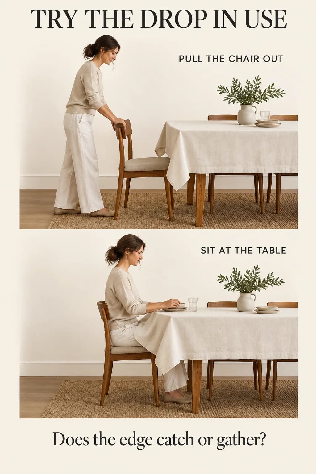 A tablecloth checked while pulling a chair out and sitting at the table.