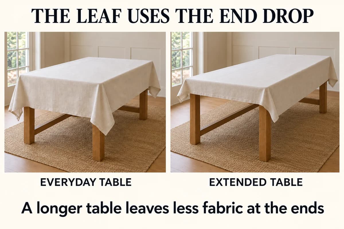 The same cloth covers a longer extended table with shorter end drops while its side drop stays unchanged.