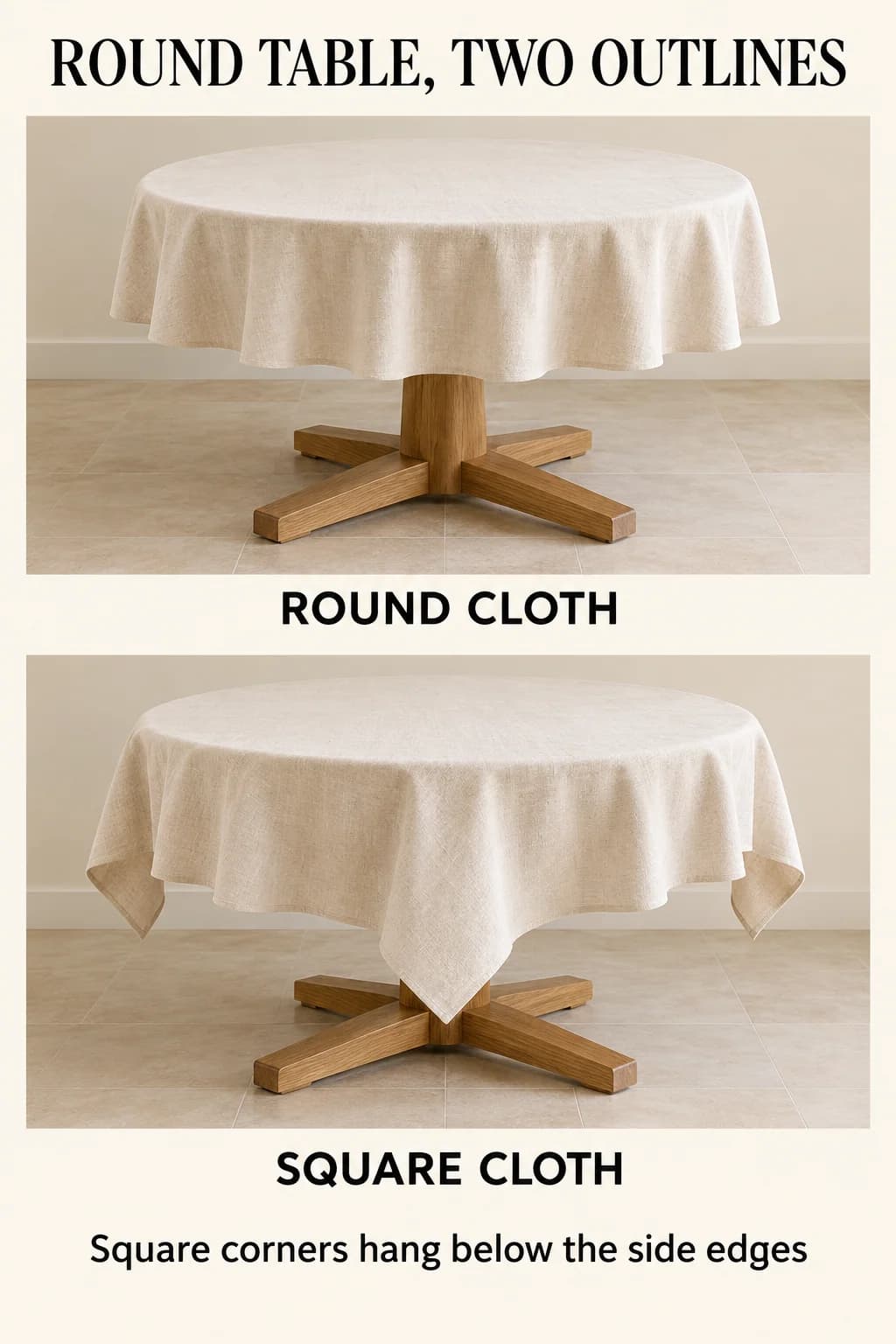A round cloth hangs evenly on a round table, while a square cloth creates longer corner points that need separate chair checks.