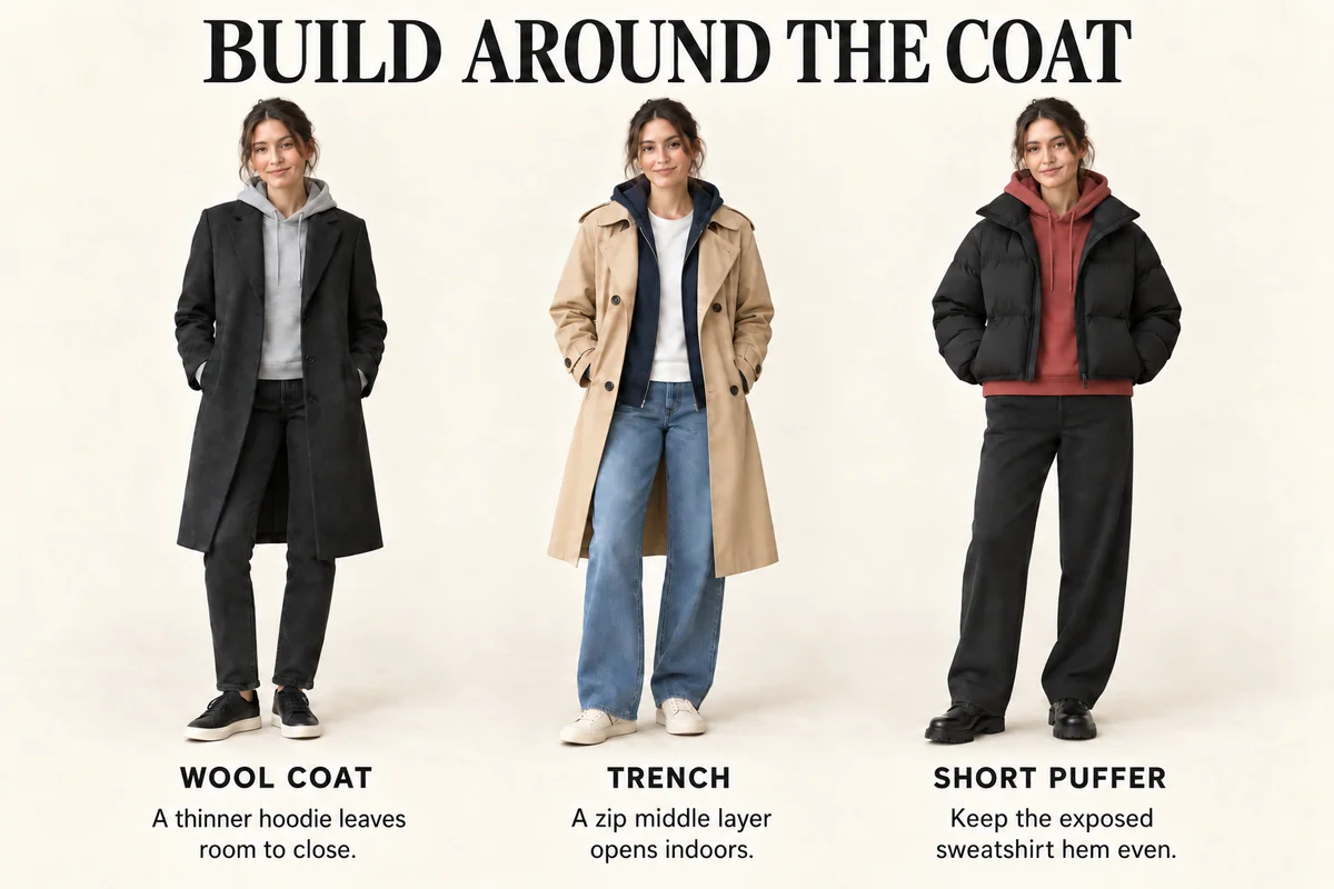 Wool coat, trench and short puffer outfits show controlled hoodie bulk, adjustable zip layering and an even visible hem.