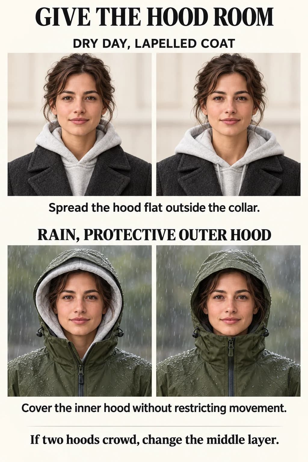 A gray hood lies outside a lapelled coat in dry weather; a rain-shell hood covers a thin inner hood without crowding the face.