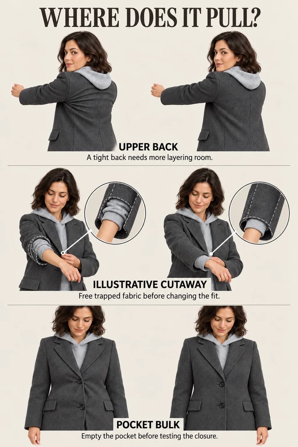 Paired coat views show upper-back restriction and pocket bulk; a clearly labeled illustrative sleeve cutaway reveals a trapped cuff and its release.