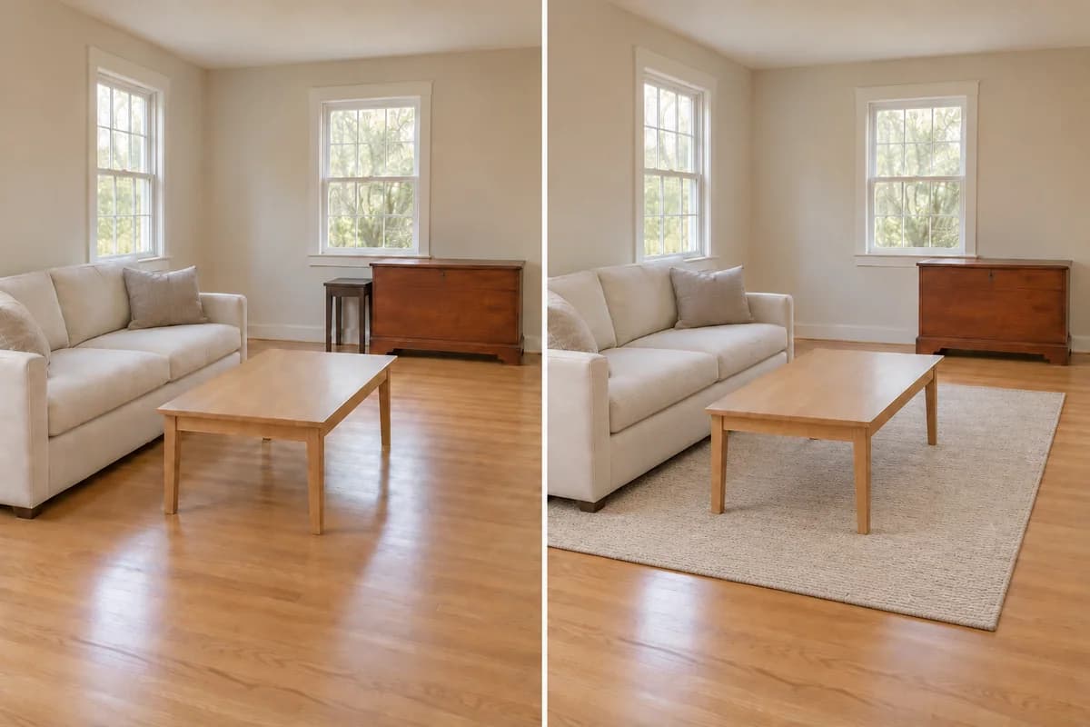 An oatmeal rug separates a light golden coffee table from a similarly colored wood floor; furniture positions and finishes stay fixed.