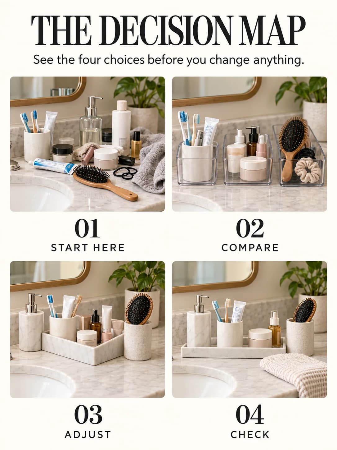 Educational guide for how to organize a bathroom counter: See the four choices before you change anything.