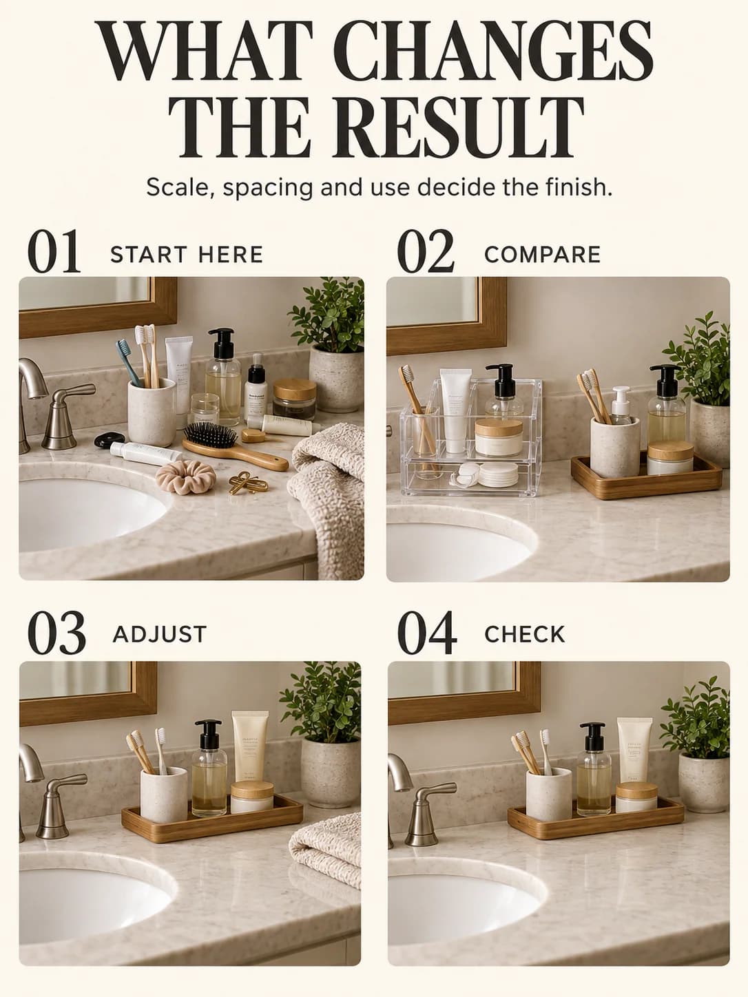 Educational guide for how to organize a bathroom counter: Scale, spacing and use decide the finish.