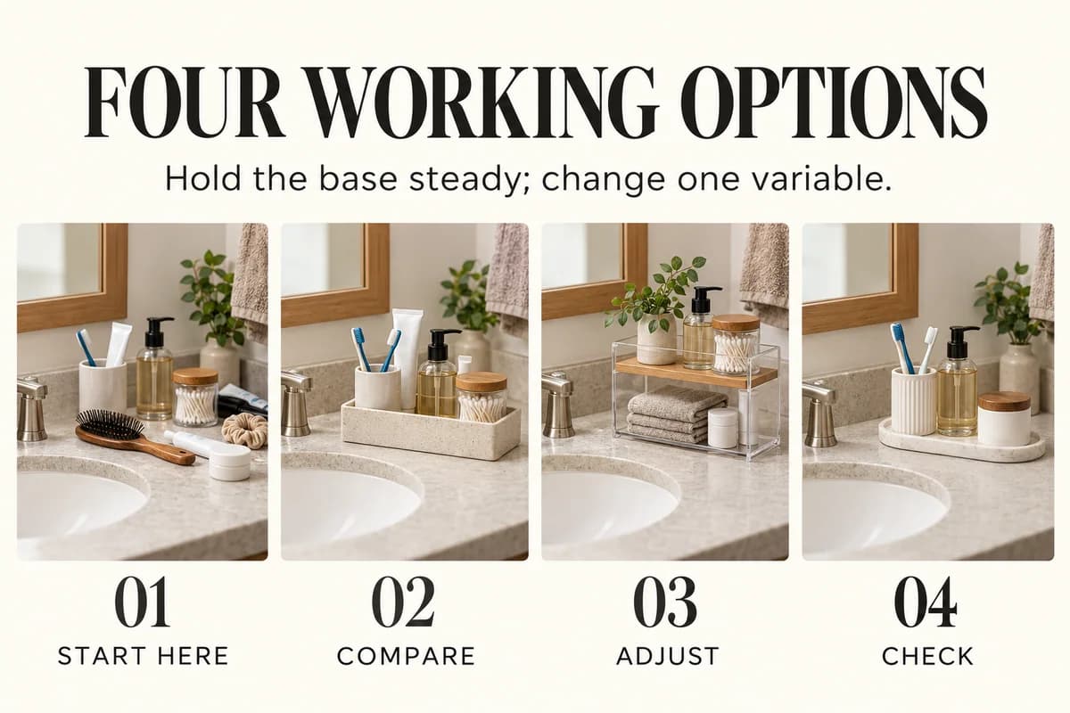 Educational guide for how to organize a bathroom counter: Hold the base steady; change one variable.