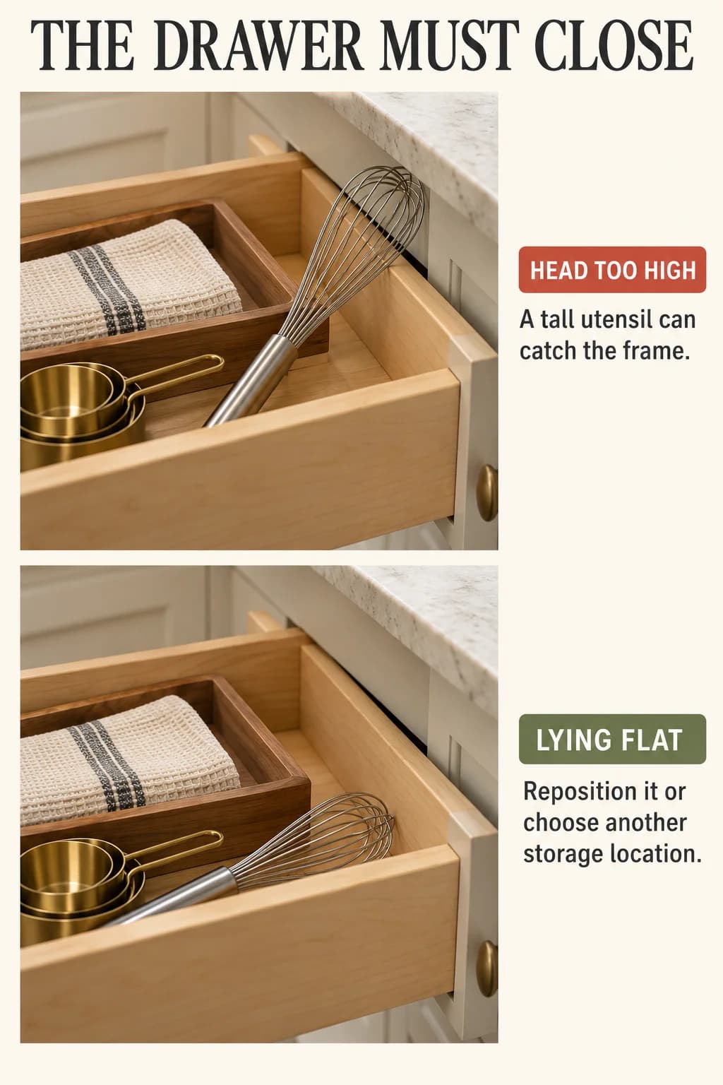A whisk projecting into the drawer’s closing path versus lying flat demonstrates checking usable height, not just drawer width.