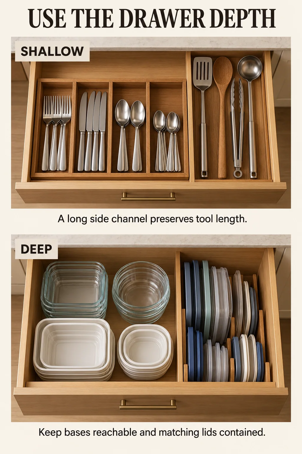 A shallow utensil drawer uses a long side channel while a deep drawer separates nested bases and upright matched lids.