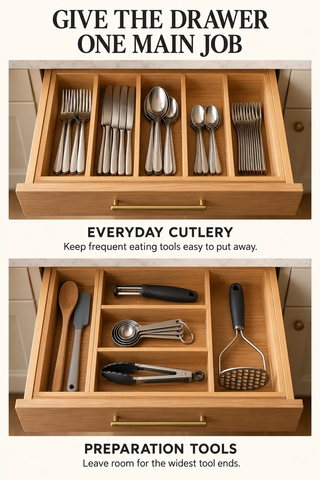 A cutlery drawer and a preparation drawer show task-based grouping and wider spaces for awkward tool heads.