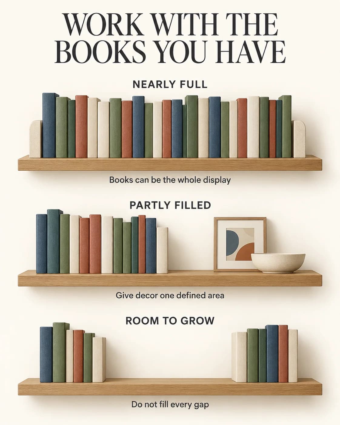 Full, partly filled and lightly filled shelves keep books visible and decor grouped.