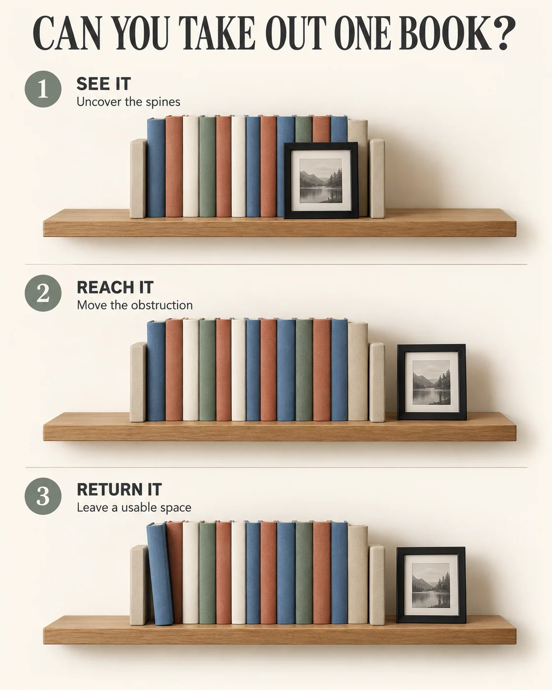 A frame blocking books is moved aside, making one book visible and removable.