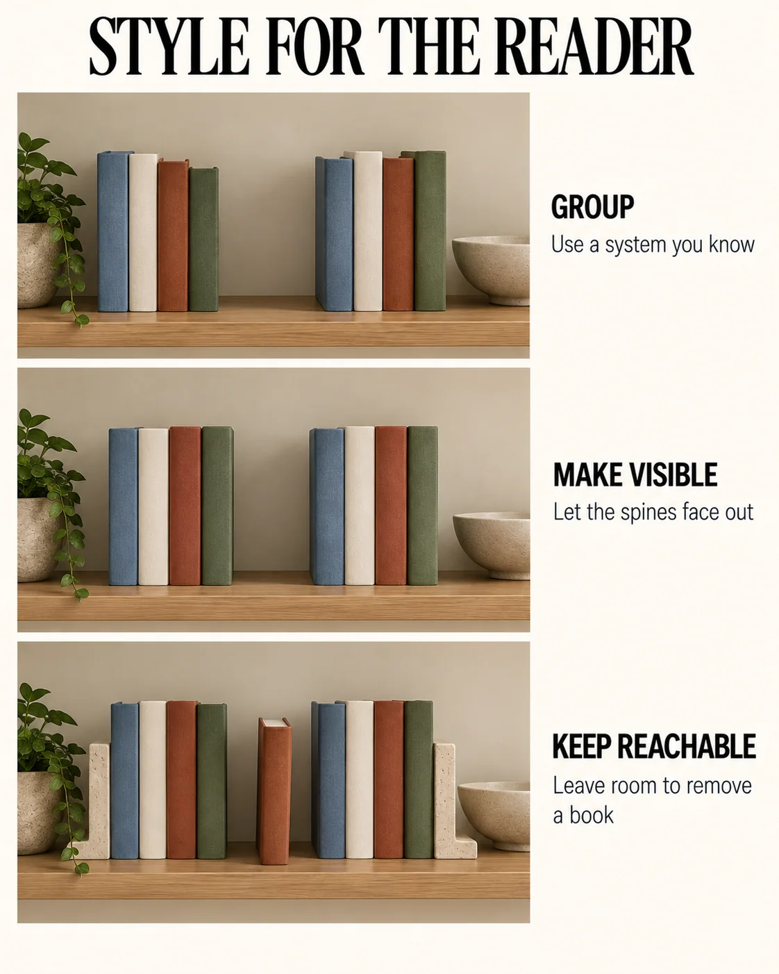 Three shelf steps focus on grouping books, making titles visible and preserving access.