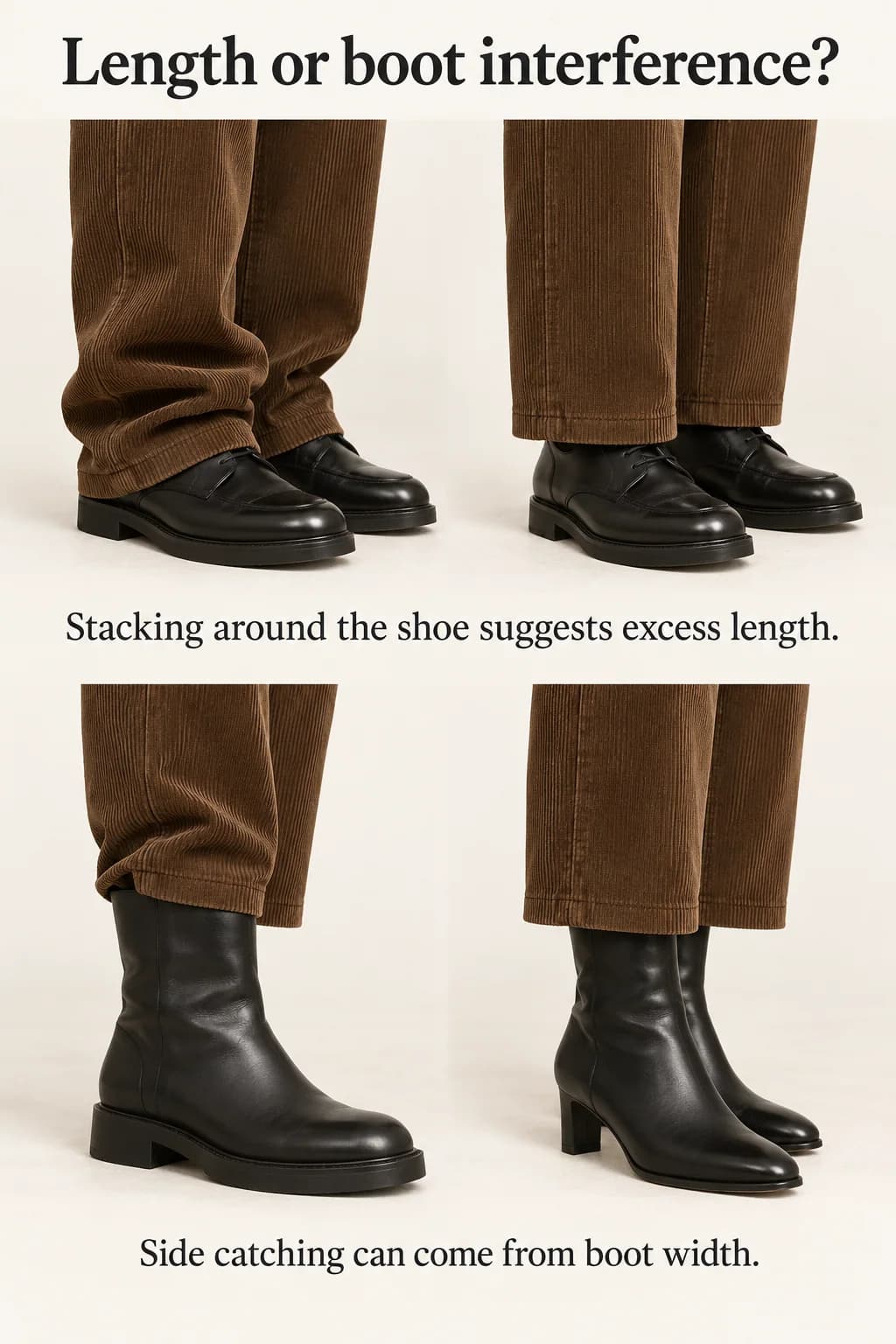 Corduroy hems stacking over shoes and catching on boot shafts demonstrate two distinct fit problems.