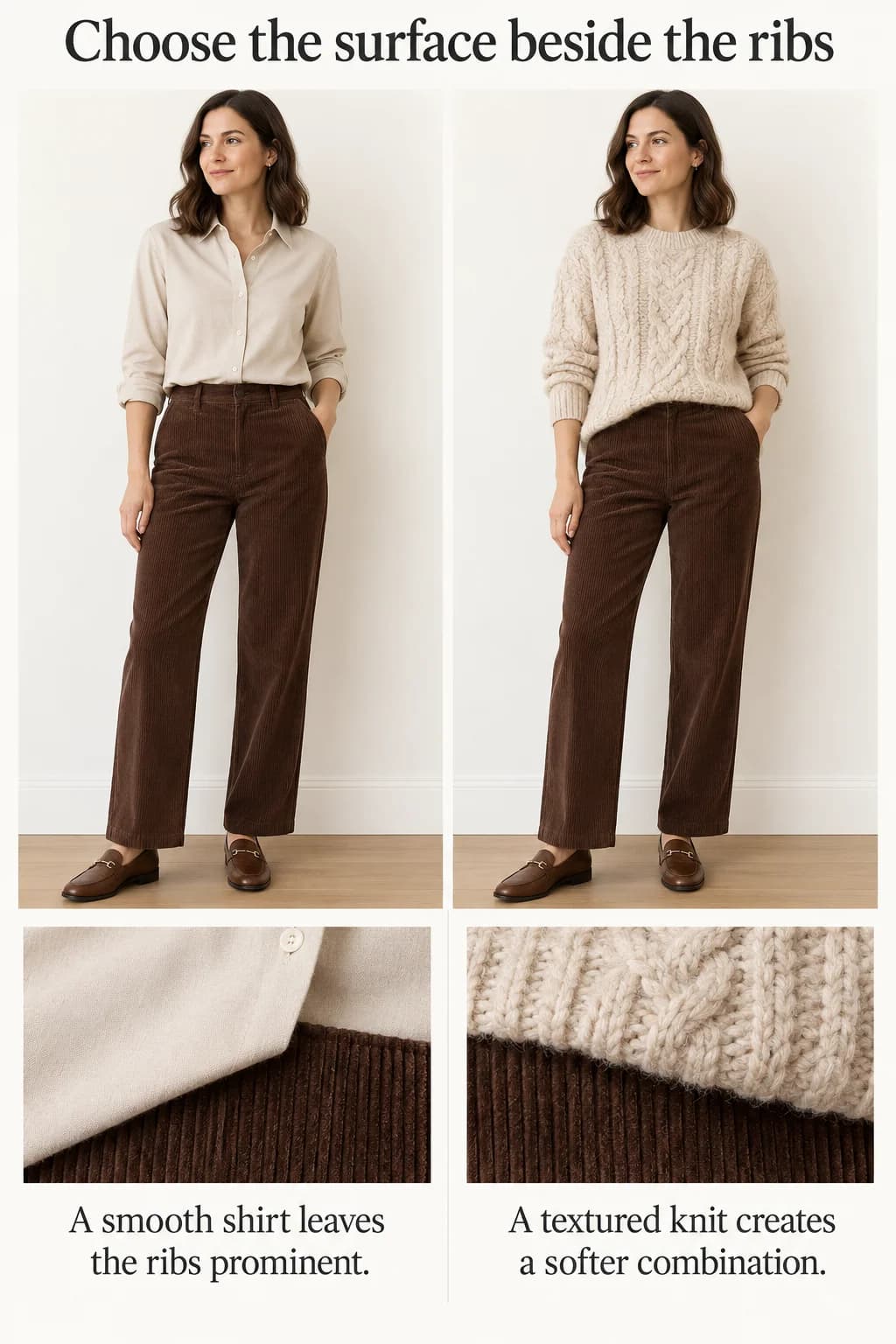 Smooth shirting and cable knit beside identical brown corduroy illustrate two different texture relationships.