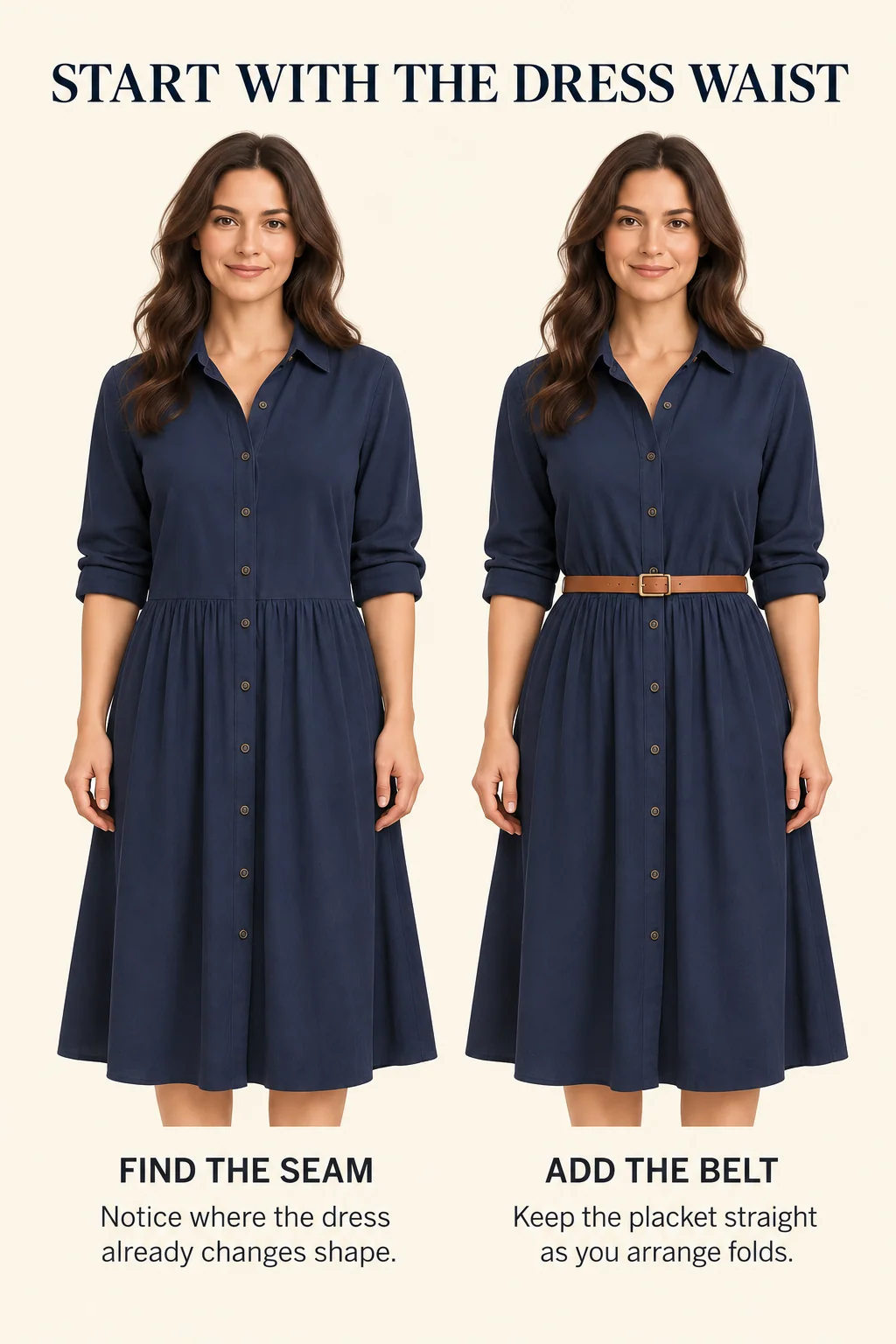 The waist seam of a navy shirt dress is visible before a tan belt is added, with the placket straight and skirt folds evenly arranged.