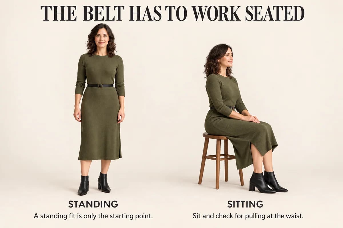 The same olive dress and black belt are checked standing and seated, showing the waist and fabric across the lap.