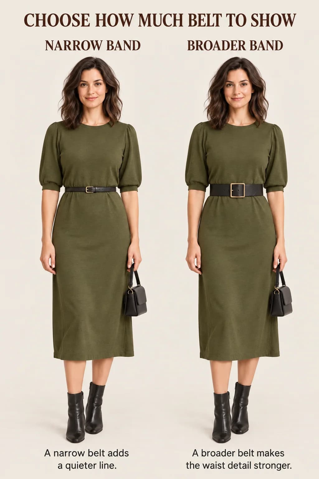 Narrow and broader black belts create different levels of emphasis on the same olive knit midi dress without changing the wearer’s shape.