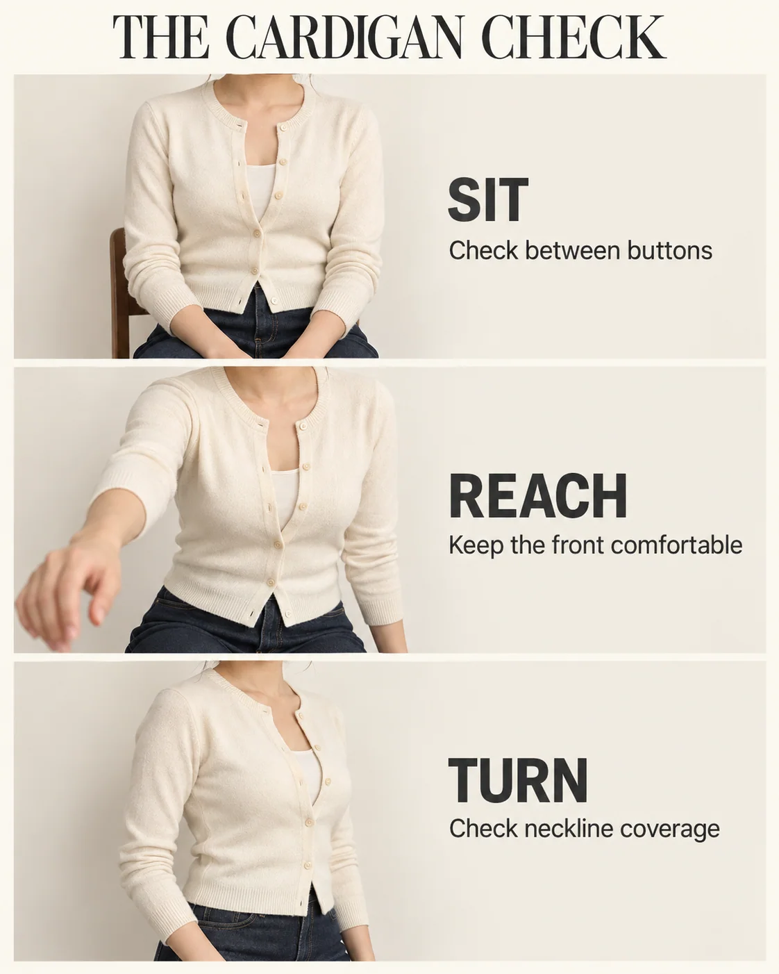 The same cardigan checked while sitting, reaching and turning.