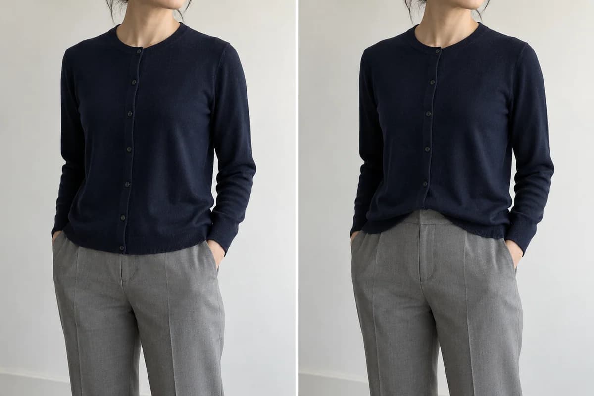 Same navy cardigan worn loose and lightly tucked into gray trousers.