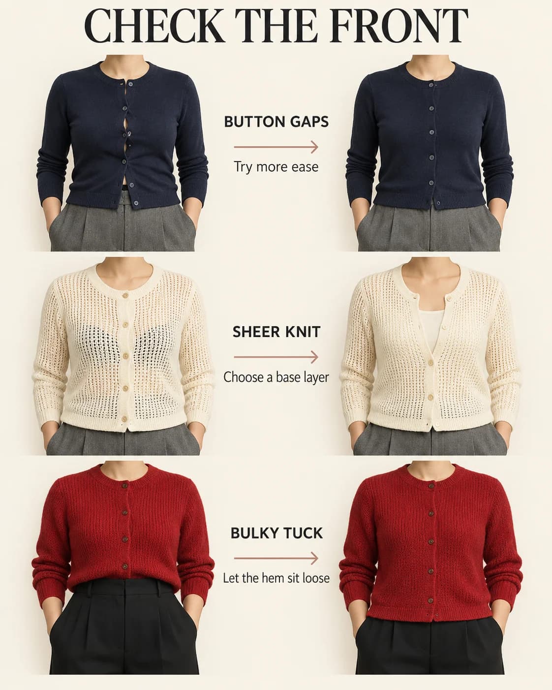 Three cardigan problems paired with changes to fit, coverage or hem.