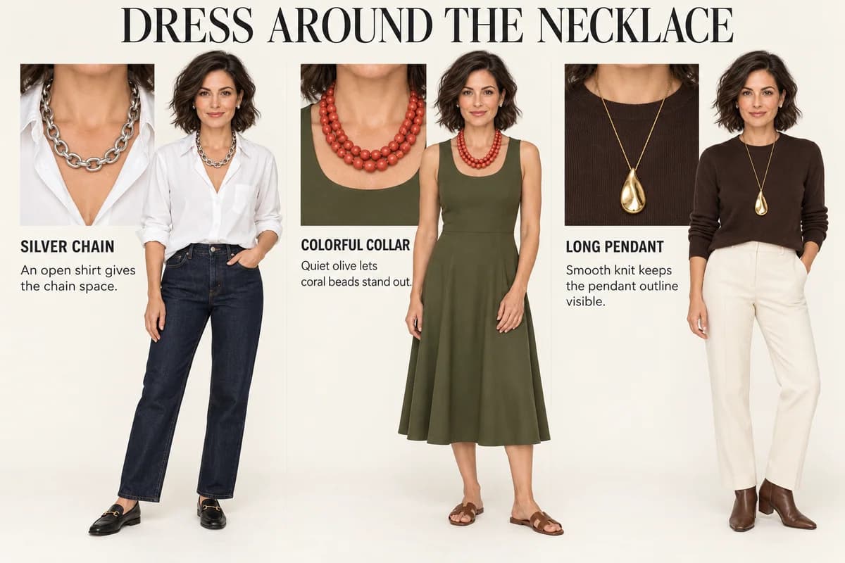 Silver chain with a white shirt and jeans, coral beads with an olive dress, and a gold pendant over chocolate knit show complete necklace-led outfits.